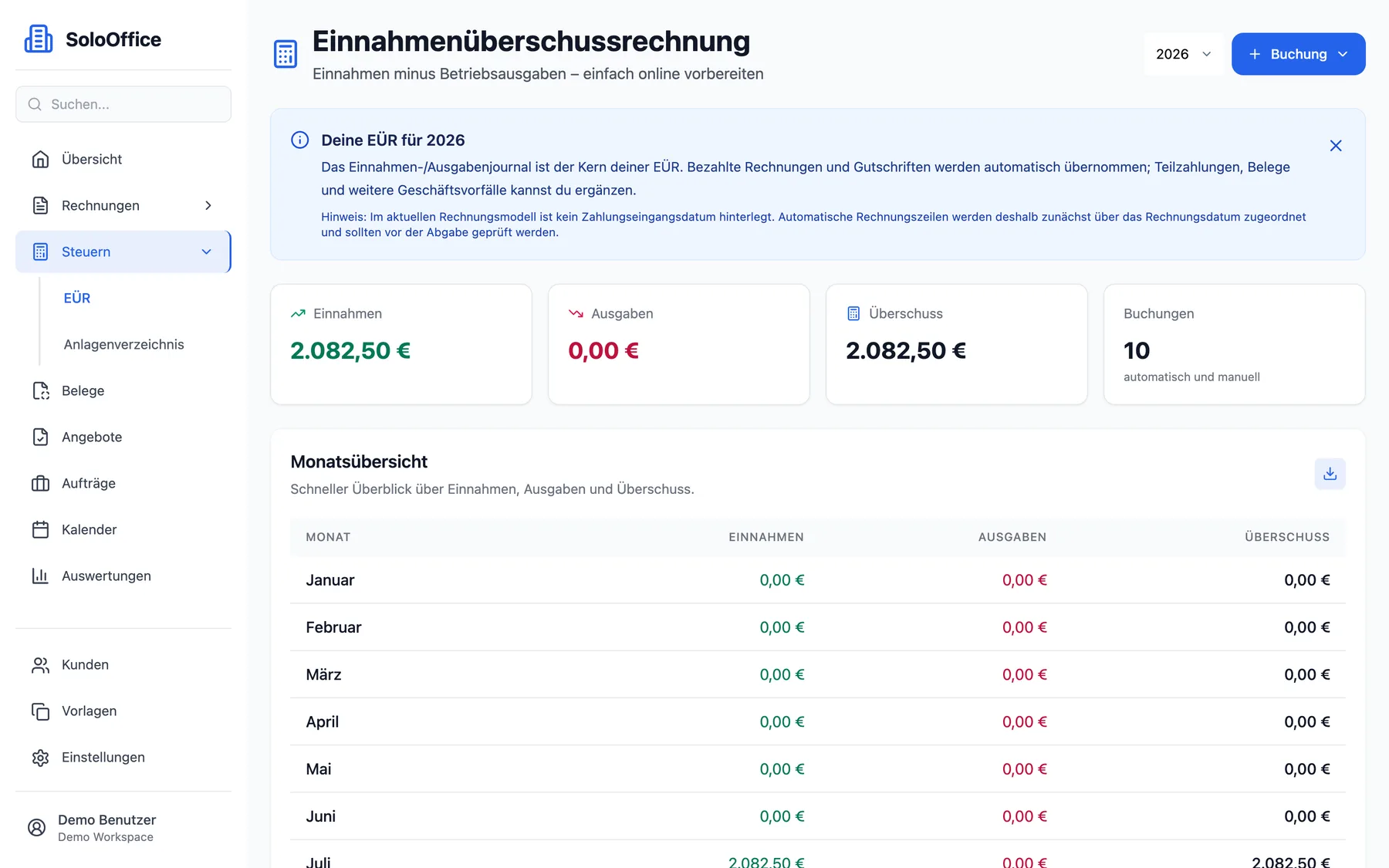 Einnahmenüberschussrechnung mit Summen je Kategorie und monatlicher Aufstellung