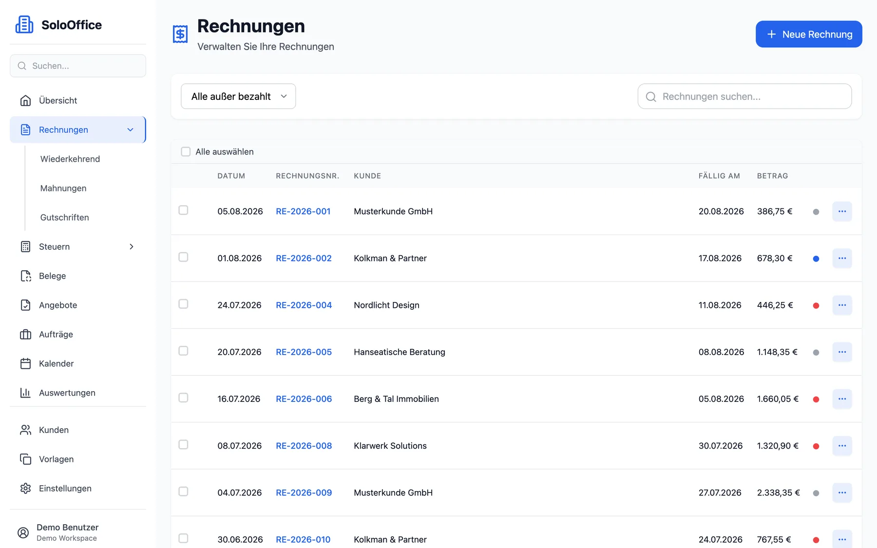 Rechnungsliste mit Filter, Suche, Fälligkeitsdatum, Betrag und Statuspunkt je Rechnung